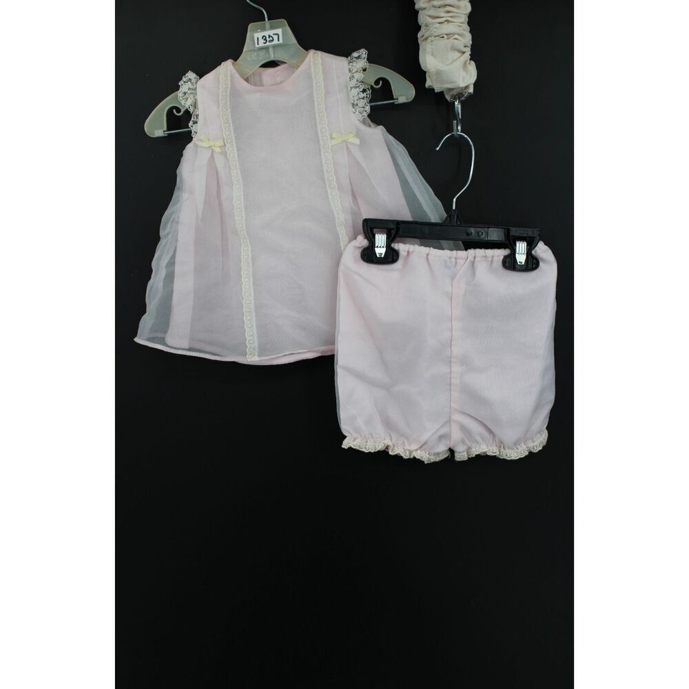 Vintage Luli Size 6m Pink Shiny With Lace Trim Dress & Bloomers